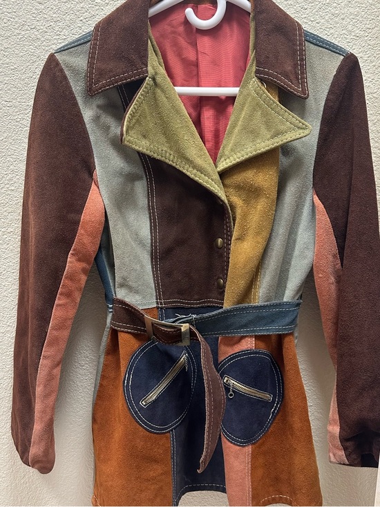 Vintage Jackets & Blazers - Suede Patchwork Belted Trench Coat - Multicolor